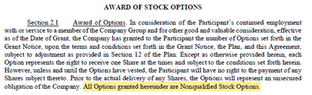 Example stock option grant award language